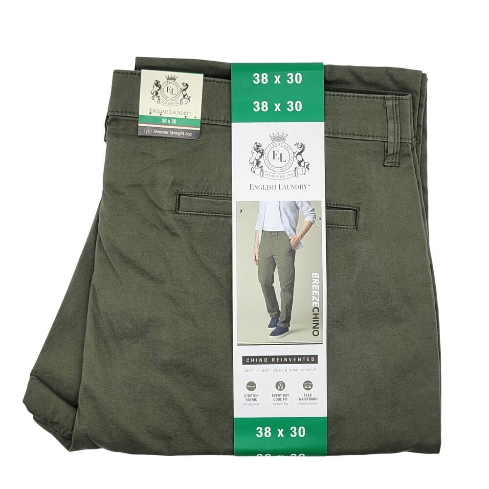 NEW English Laundry Breeze Chino Pants 38x30 Green Slimmer Straight Stretch
